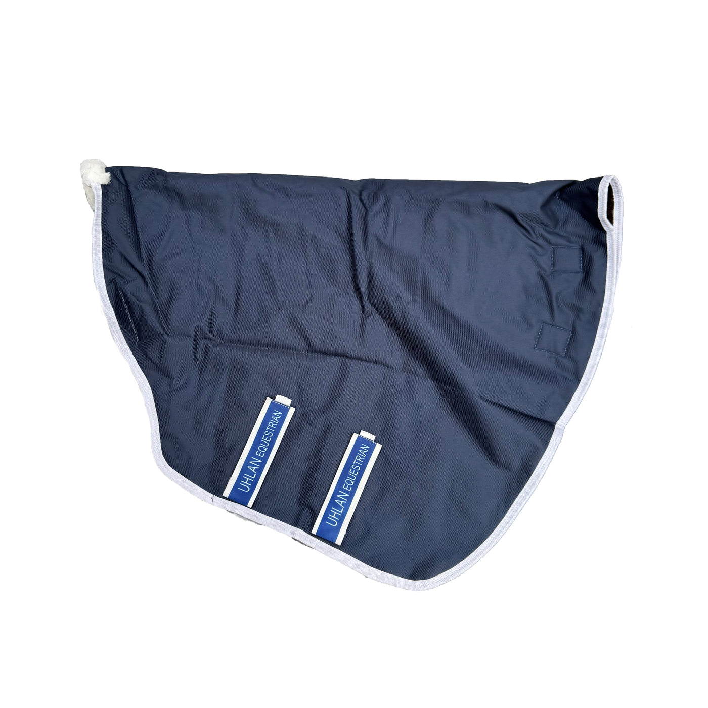 Navy blue horse sheet with white trim on a white background